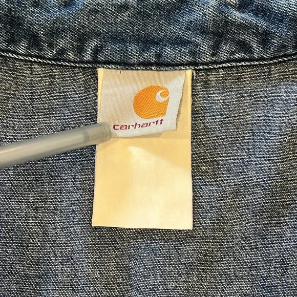 VTG Carhartt Rugged Denim Western Work Shirt Overshirt Pearl Snaps Yoke Pockets - Picture 12 of 14